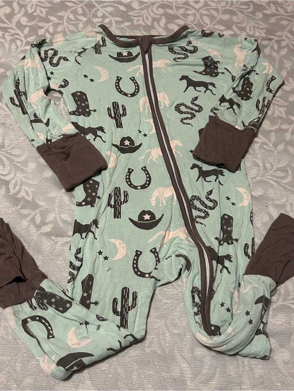 Mint Western-Print Footed One-Piece Pajama with Brown Trim
